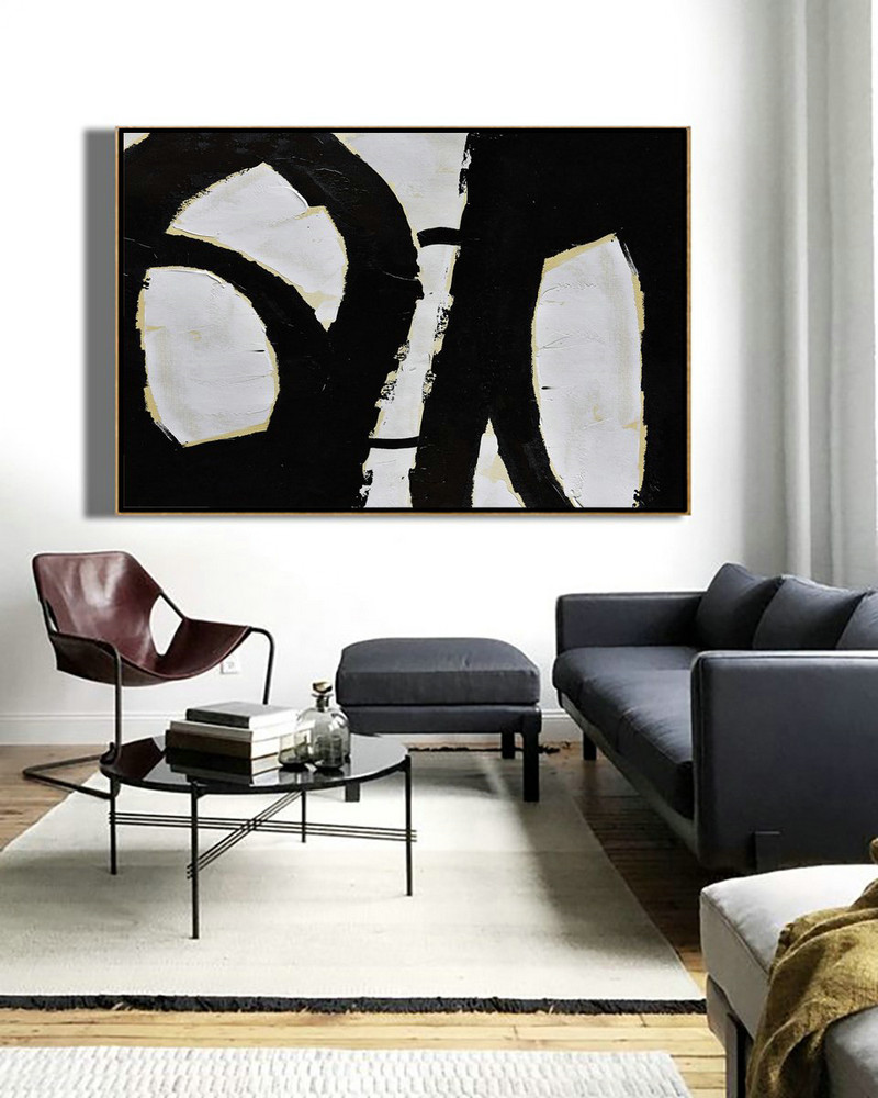 Large Canvas Wall Art For Sale,Horizontal Palette Knife Minimal Canvas Art Painting Black White Beige - Hand Made Original Art